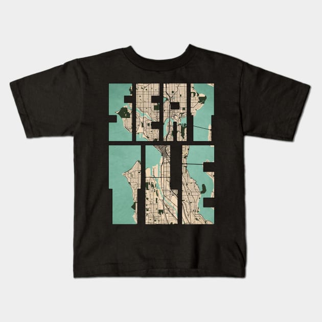 Seattle, USA City Map Typography - Vintage Kids T-Shirt by deMAP Studio